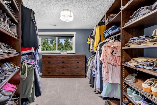 walk in closet with light carpet