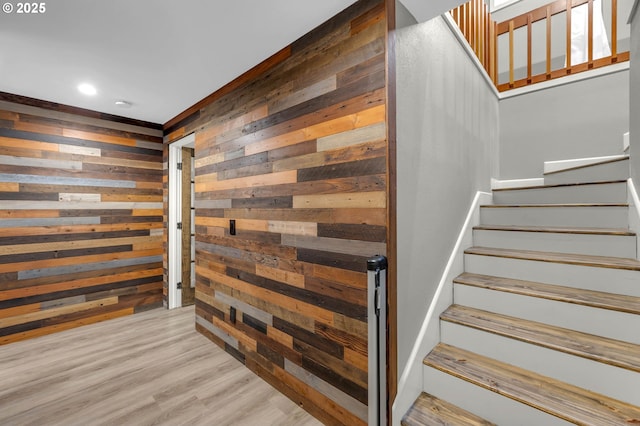 12610 NE Potter Rd, Battle Ground, WA 98604 - stairway with wooden walls, wood finished floors, recessed lighting, and a sauna / steam room