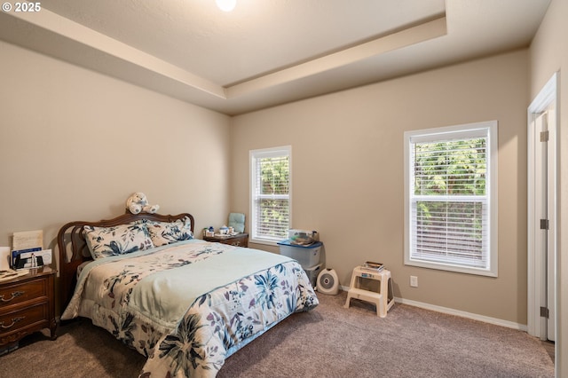 bedroom featuring multiple windows, a tray ceiling, and light carpet