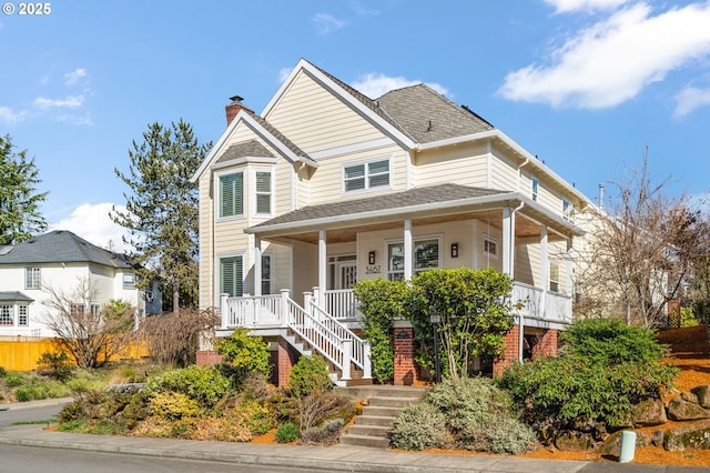 view of front of home featuring a chimney, covered porch, a shingled roof, and stairway