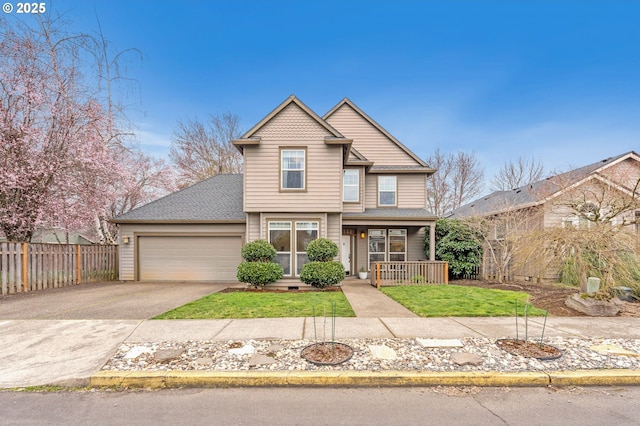 view of front of home featuring fence, aphalt driveway, a porch, a front yard, and a garage