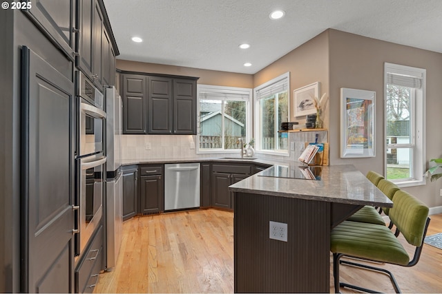 kitchen with a peninsula, light wood-style flooring, stone countertops, a sink, and stainless steel appliances