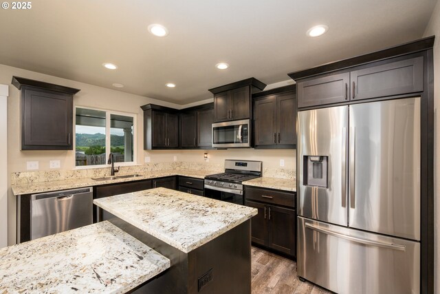 625 Brady Ln, Roseburg, OR 97471 - kitchen featuring stainless steel appliances, a sink, recessed lighting, wood finished floors, and dark brown cabinetry