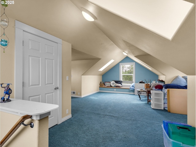 game room featuring carpet floors, baseboards, vaulted ceiling, and visible vents