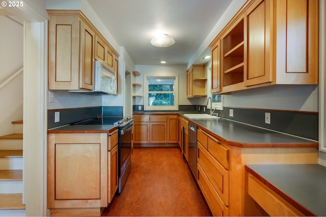 2362 Charnelton St, Eugene, OR 97405 - kitchen featuring open shelves, appliances with stainless steel finishes, and dark countertops