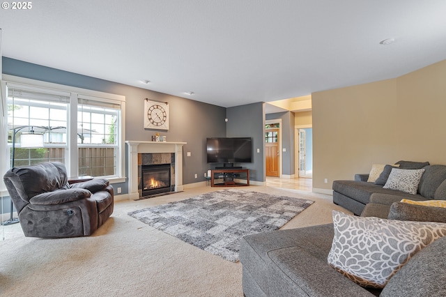 14386 NW Tripton Ct, Beaverton, OR 97006 - carpeted living room with a fireplace and baseboards