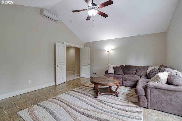 14386 NW Tripton Ct, Beaverton, OR 97006 - tiled living area featuring a wall mounted AC, a ceiling fan, and high vaulted ceiling