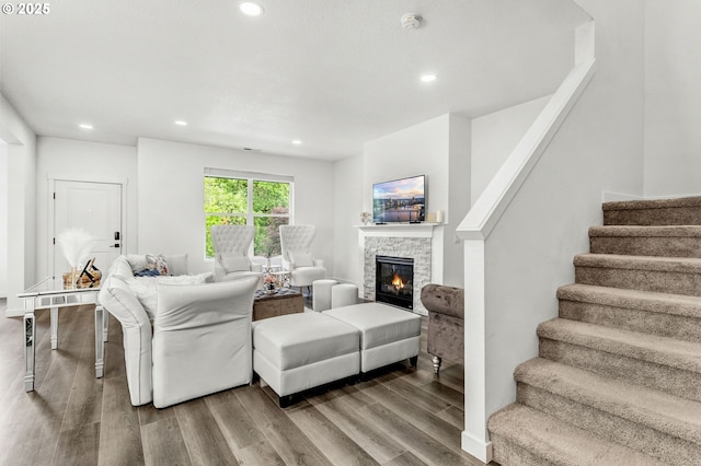 837 S 26th Ave, Cornelius, OR 97113 - living area with wood finished floors, stairway, a fireplace, and recessed lighting
