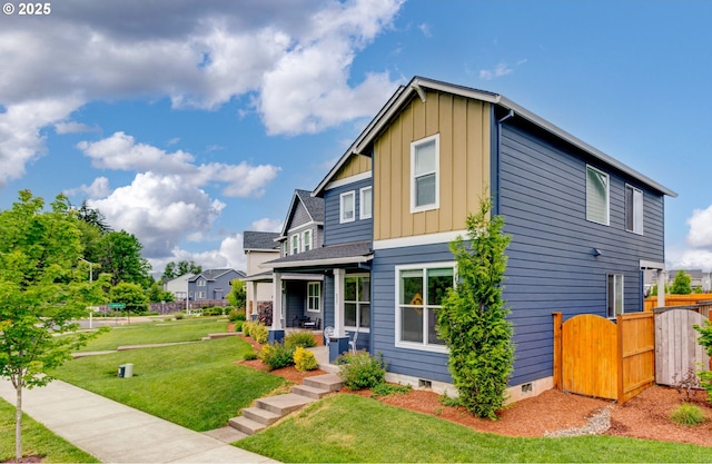 837 S 26th Ave, Cornelius, OR 97113 - view of front of house with board and batten siding, a porch, crawl space, and a gate