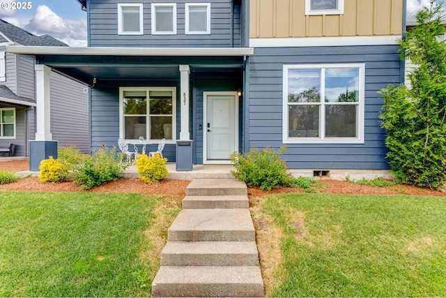 837 S 26th Ave, Cornelius, OR 97113 - property entrance featuring covered porch, a lawn, and board and batten siding