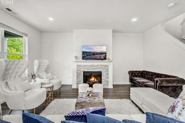 837 S 26th Ave, Cornelius, OR 97113 - living area featuring recessed lighting, a stone fireplace, and wood finished floors
