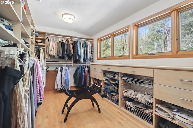 spacious closet featuring vaulted ceiling and wood finished floors