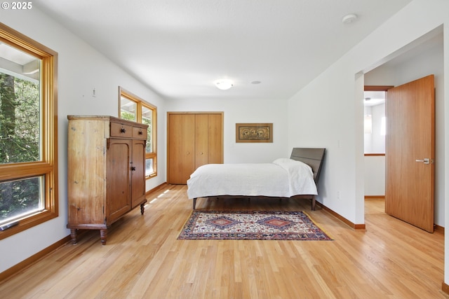 bedroom featuring baseboards, multiple windows, and light wood-style flooring