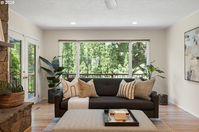 2395 SW Timberline Dr, Portland, OR 97225 - living area with healthy amount of natural light, a textured ceiling, light wood finished floors, baseboards, and recessed lighting