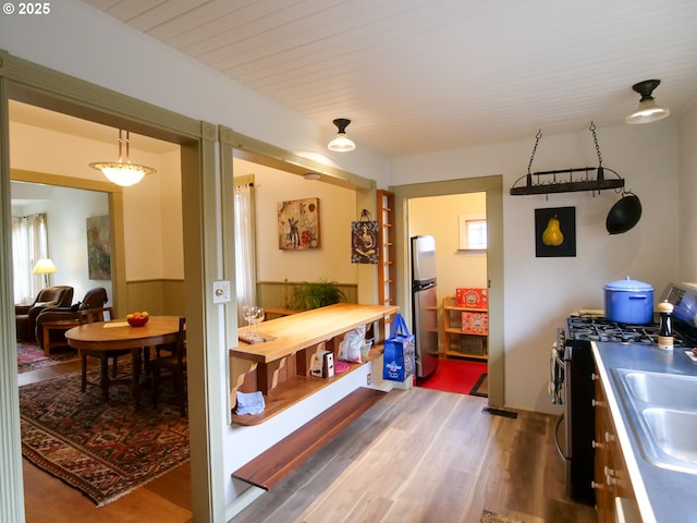 kitchen with wood finished floors, appliances with stainless steel finishes, and a sink