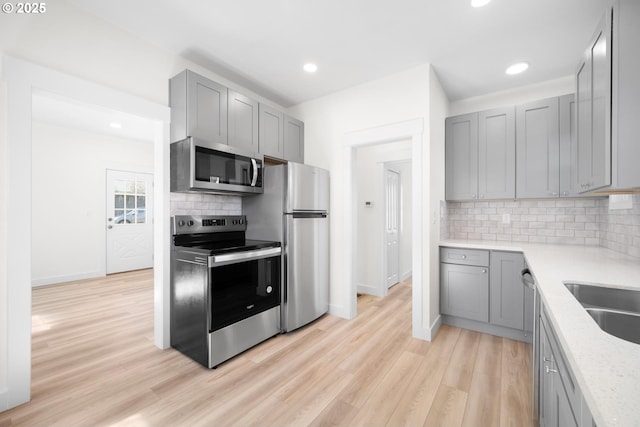 kitchen featuring backsplash, light wood-style flooring, gray cabinetry, and stainless steel appliances