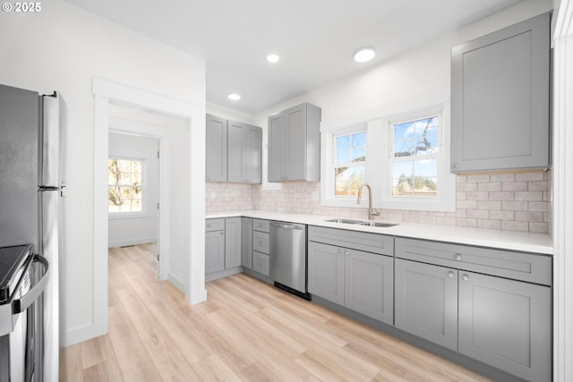 kitchen featuring a sink, tasteful backsplash, gray cabinets, and stainless steel appliances