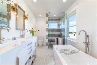 53139 Appleton Rd, Milton-Freewater, OR 97862 - bathroom featuring vanity, a stall shower, recessed lighting, toilet, and a soaking tub