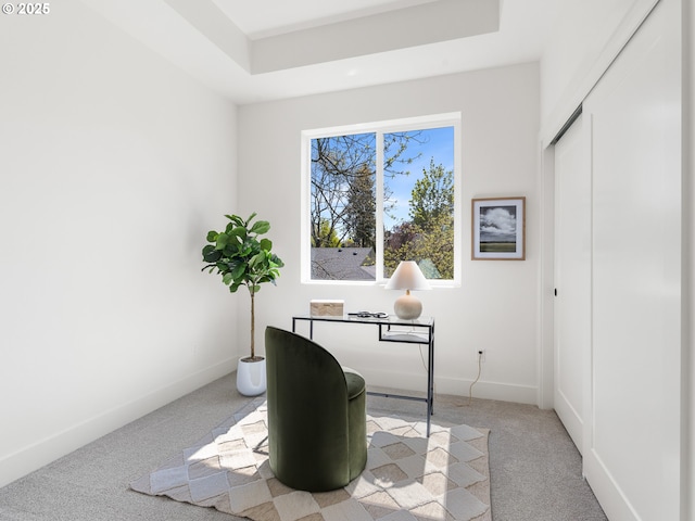 carpeted office space featuring baseboards and a raised ceiling