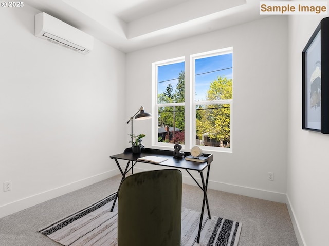 home office featuring baseboards, a raised ceiling, carpet, and a wall unit AC