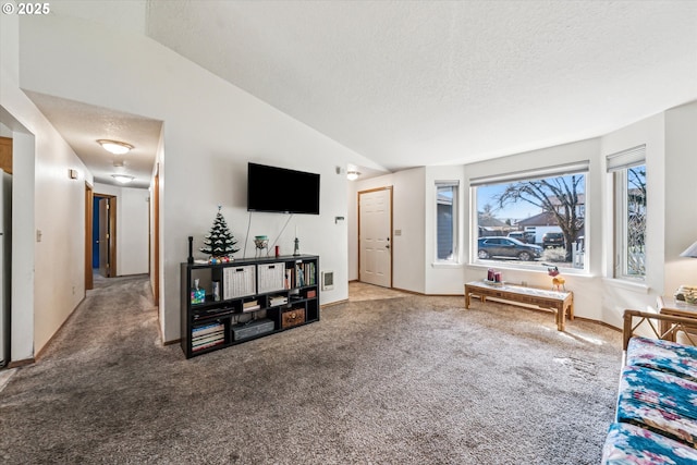 living room featuring carpet floors, lofted ceiling, visible vents, a textured ceiling, and baseboards