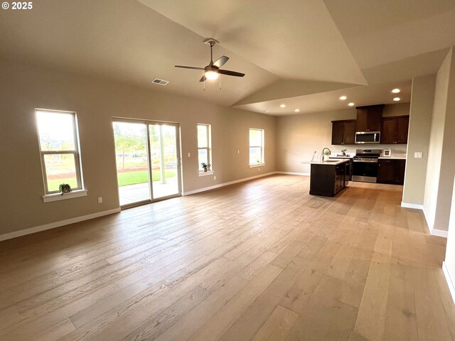 947 Medina Ave, Sutherlin, OR 97479 - unfurnished living room with a sink, ceiling fan, lofted ceiling, and a healthy amount of sunlight