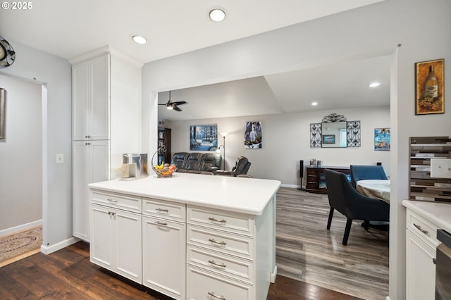 17622 NW Rolling Hill Ln, Beaverton, OR 97006 - kitchen featuring open floor plan, dark wood-style floors, light countertops, white cabinets, and recessed lighting