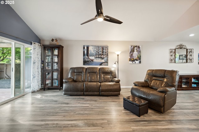 17622 NW Rolling Hill Ln, Beaverton, OR 97006 - living room featuring a ceiling fan, vaulted ceiling, wood finished floors, and recessed lighting