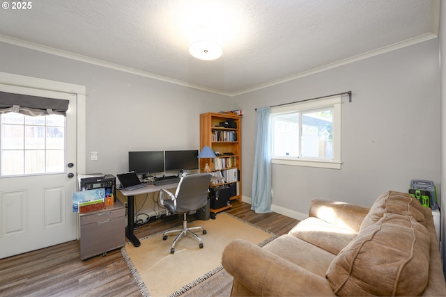 office with wood-type flooring, ornamental molding, and a textured ceiling