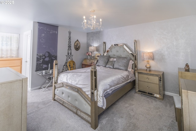 carpeted bedroom with a chandelier and baseboards