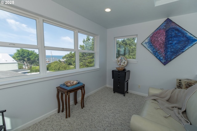 living area with baseboards, recessed lighting, and carpet flooring