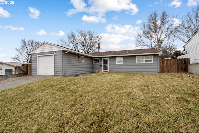 ranch-style house with a front yard and a garage