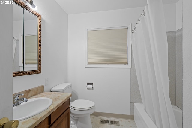 full bathroom with toilet, vanity, and shower / tub combo with curtain