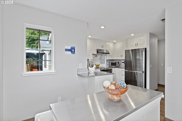 1012 E Foothills Dr, Newberg, OR 97132 - kitchen featuring appliances with stainless steel finishes, under cabinet range hood, white cabinetry, recessed lighting, and light countertops