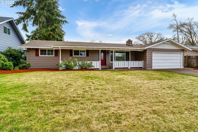 ranch-style home with a front lawn, a porch, a chimney, a garage, and driveway