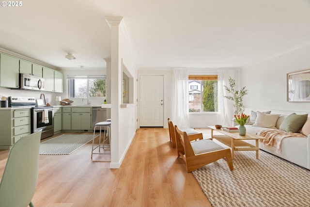 living area with light wood-style flooring, baseboards, and ornamental molding