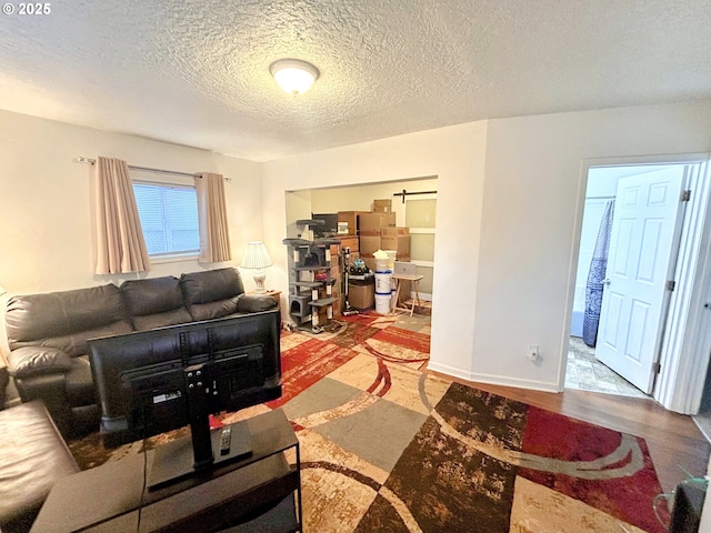 living room featuring hardwood / wood-style floors and a textured ceiling