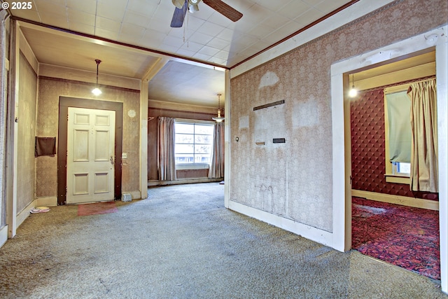 entrance foyer with carpet floors, ornamental molding, and ceiling fan