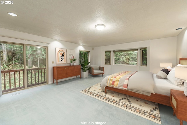 carpeted bedroom featuring a textured ceiling and access to outside