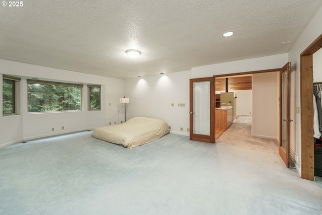 bedroom featuring light colored carpet and a textured ceiling