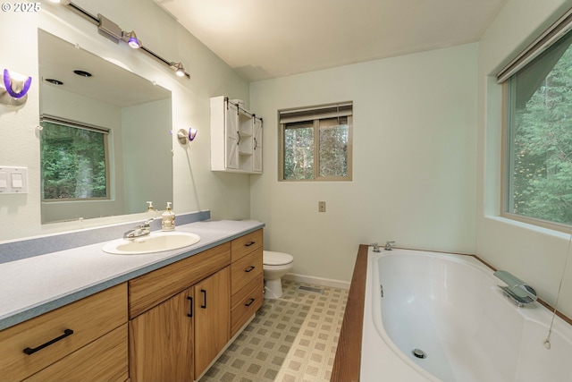 bathroom with vanity, toilet, and a bathing tub