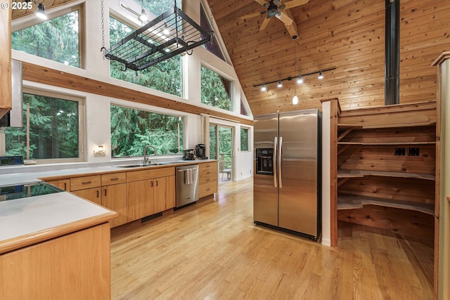 kitchen featuring high vaulted ceiling, sink, stainless steel appliances, wooden ceiling, and light wood-type flooring