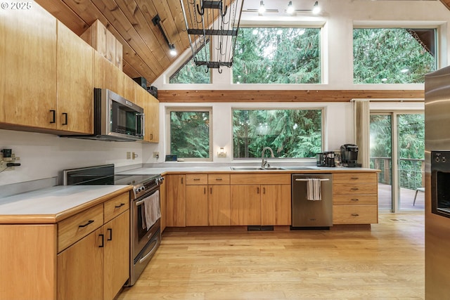 kitchen with high vaulted ceiling, sink, stainless steel appliances, wooden ceiling, and light hardwood / wood-style flooring