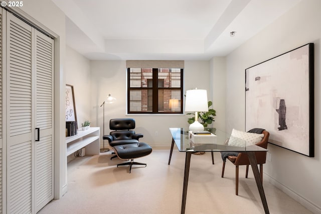 carpeted office space featuring a raised ceiling