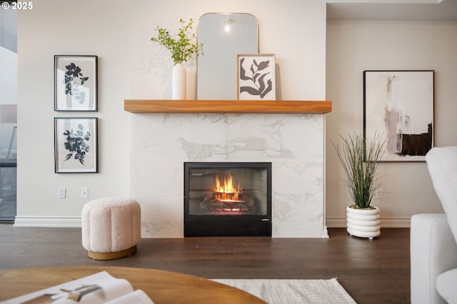 living room with dark hardwood / wood-style floors and a fireplace