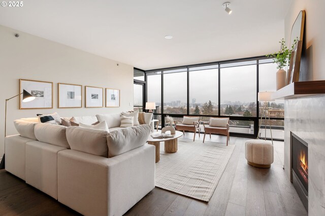 living room featuring dark wood-type flooring and floor to ceiling windows