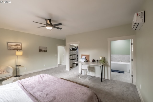 bedroom featuring ceiling fan, light colored carpet, and a wall mounted air conditioner