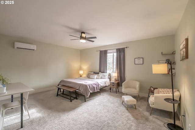 bedroom featuring an AC wall unit, light carpet, and ceiling fan