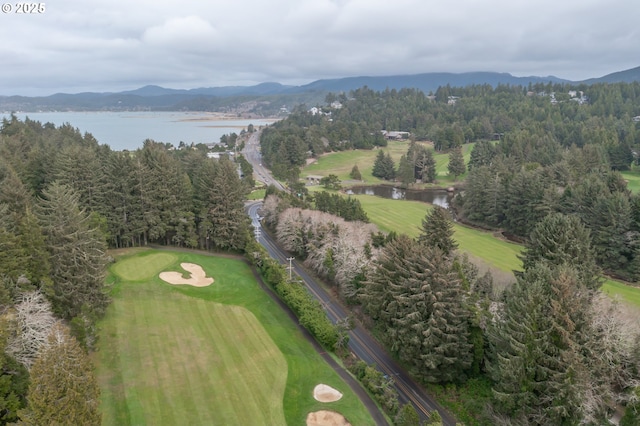 drone / aerial view featuring a water and mountain view