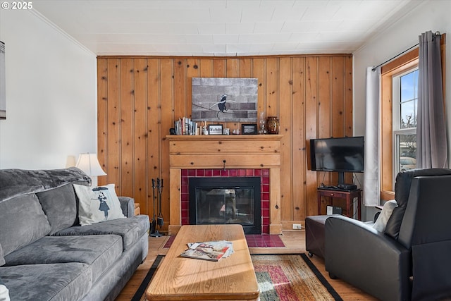 living area featuring a fireplace, wood finished floors, and wooden walls